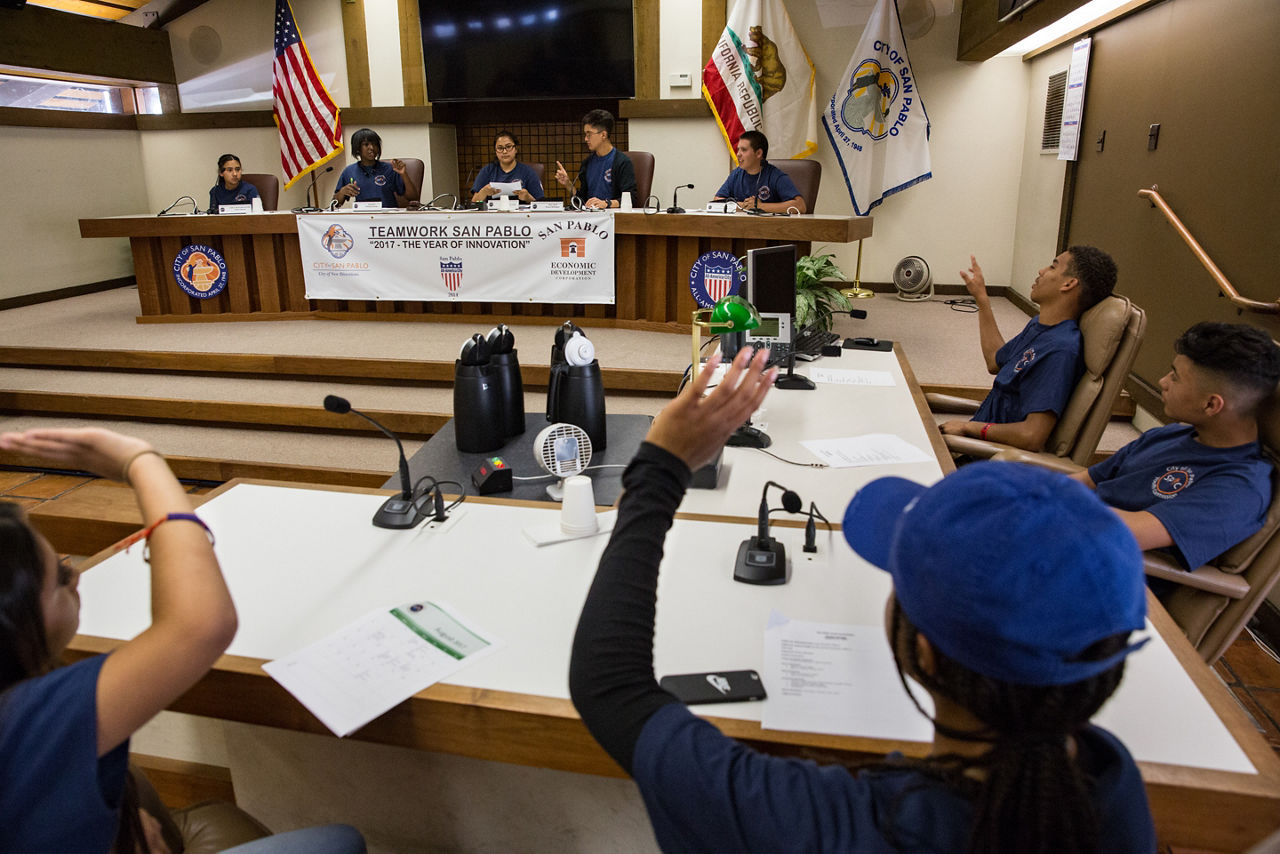 The San Pablo Youth Commission in session in the San Pablo City Council chambers. Launched seven years ago, the group is an example of how San Pablo is cultivating a new generation of leaders and engaging younger people in the direction of their community. It’s seen as an investment in the city’s quality of life, both present and future. The group advocates for young people: For Example: on lowering the voting age, it sent a letter of support to legislators in Sacramento and got the San Pablo City Council to back up its position.