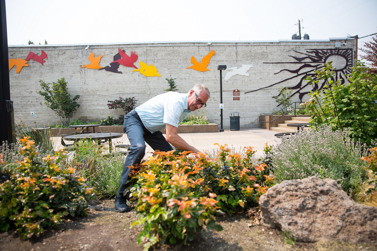 John Bellon, City Parks Manager, at Sugarman's Corner, the first pocket park in downtown Klamath Falls, Oregon.