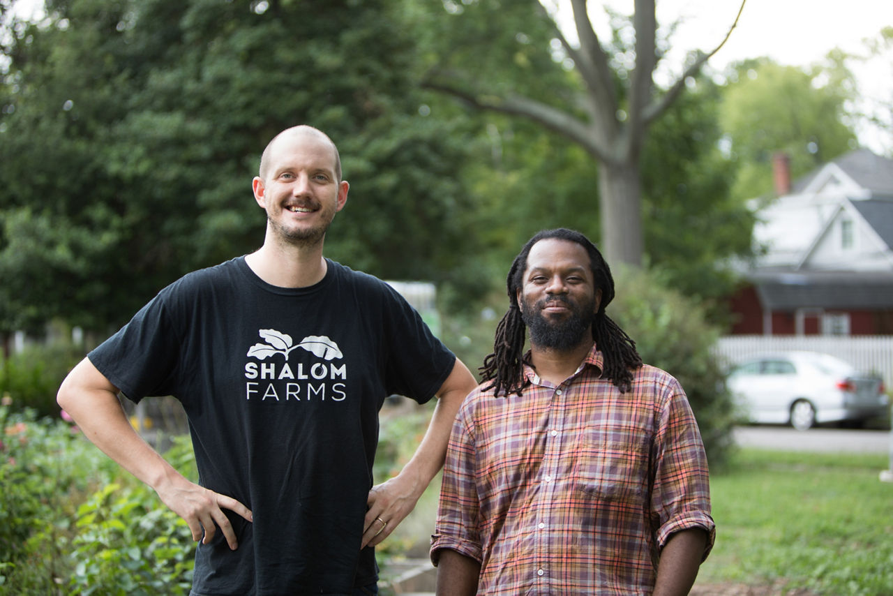 Richmond, VA COH 2017. Duron Chavis (right) is the Community Engagement Coordinator at the Lewis Ginter Botanical Garden and has started 12 community gardens. He envisions these gardens as self advocacy (for people) and wants to train the comunity to be more self suffciaent. He also wants to have more entrepreneurs be the result of these gardens. Dominic Barrett (left) is the Executive Director  at Shalom Farms. The mission of Shalom Farms is to work with communities to ensure access to healthy food and the support to live healthy lives. Through sustainable food production and hands-on experiences at the farm and in the city, Shalom Farms provides thousands in Richmond with access to healthy food…and healthy lives.