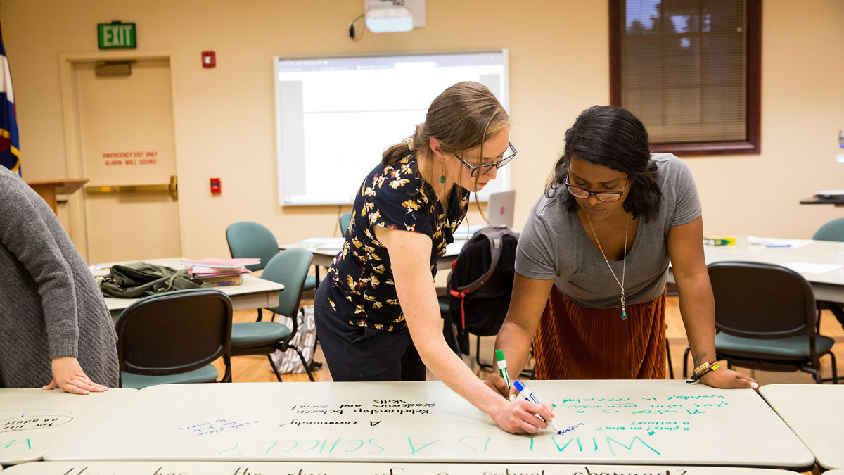 Students do a mind mapping exercise during Erin Allaman's Introduction to Education class at Colorado Mountain College in Leadville, Colorado.