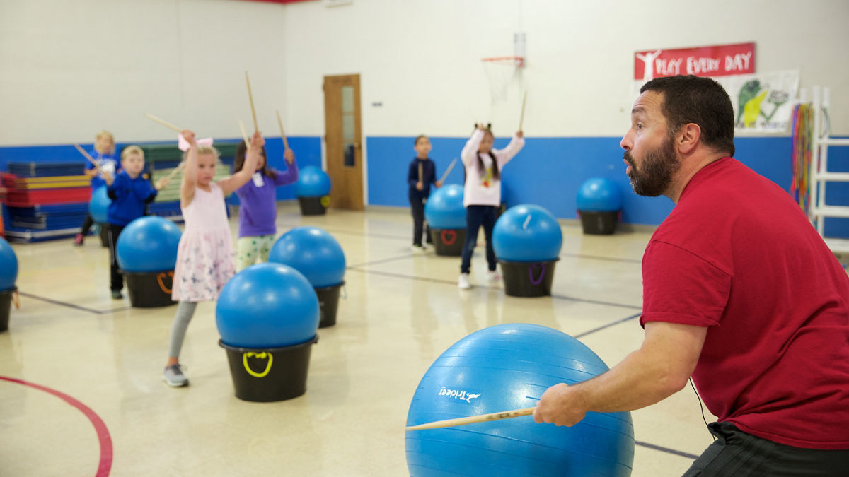 SITKA, ALASKA - SEPTEMBER 2019:  Drumming class in the Baranof Elementary School.