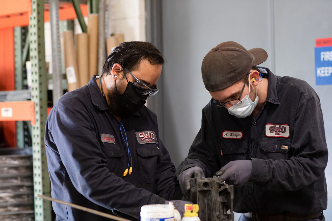 Project Hire-Ed job trainees, Ronato Urbina (left) and Clayton Borges (right) at SWD, Inc., Addison, IL.