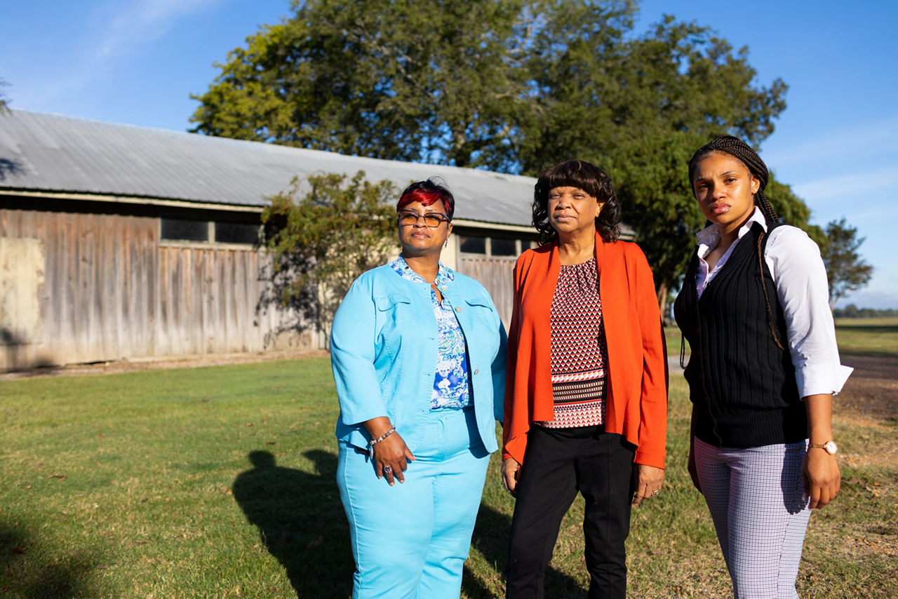 Mayor Melanie Townsend-Blackmon, Gloria Dickerson and Tierra Fountain visit the seed barn where Emmett Till was lynched in 1955, just outside of Drew, Mississippi.  Money is being raised to buy the barn, which sits on private property, and turn it into a memorial site and center for racial healing.