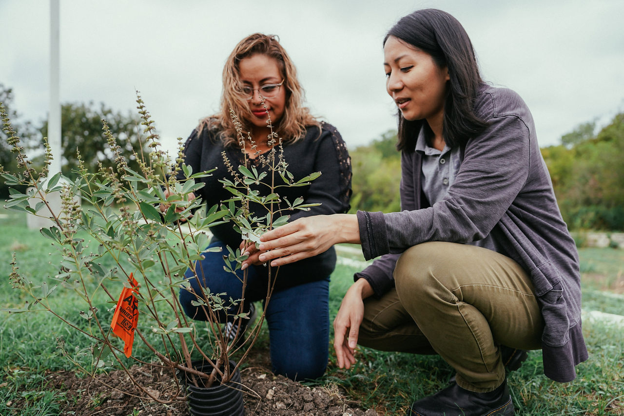 Tu-Uyen Nguyen (GAVA organizer) and Janett Iturbe (resident) admire a recently planted tree on the grounds of the Gus Garcia Recreation Center. With extreme heat and other climate issues facing Austin, community organizers and residents have been working to address the tree canopy disparity across Austin, that disproportionately affects East Austin, which has much higher numbers of Black and Latinx residents. The Rec Center also serves as a local cooling center in the case of heat emergencies.
