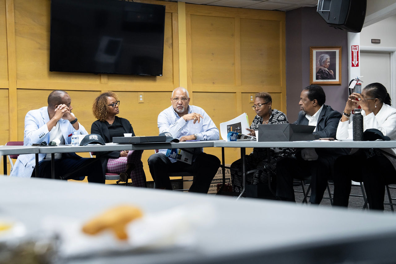 Local clergy join Rev. Horace Sheffield, Director of Detroit Association of Black Organizations (DABO), for a meeting and Choose Healthy Life breakfast at DABO headquarters in Detroit, MI, Sept. 27, 2023.