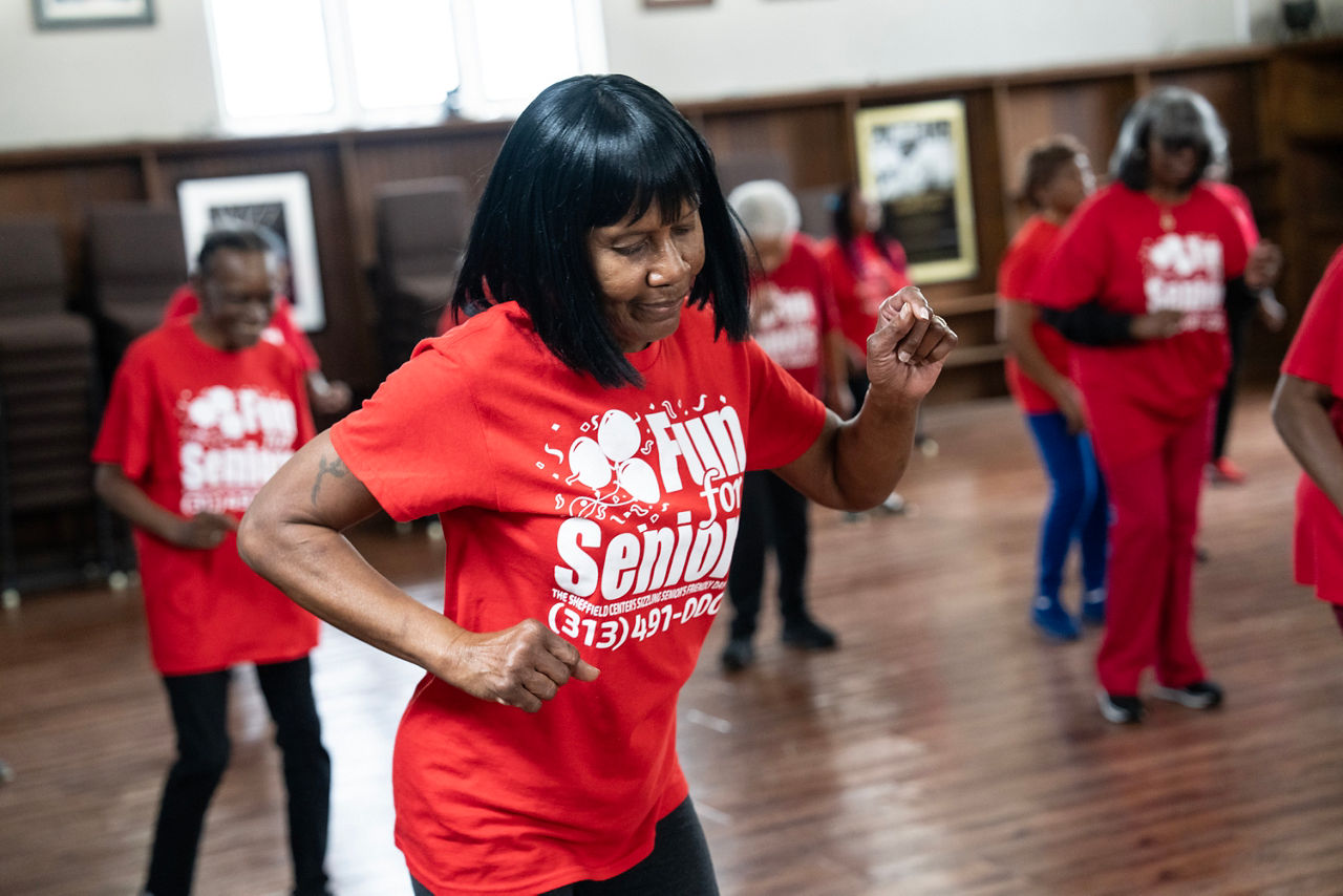 Sizzling Seniors, an exercise class for seniors and led by local celeb “Fast Freddy,” organized by the Detroit Association of Black Organizations (DABO), meets at the Bridge Center in Detroit, MI, Sept. 27, 2023.