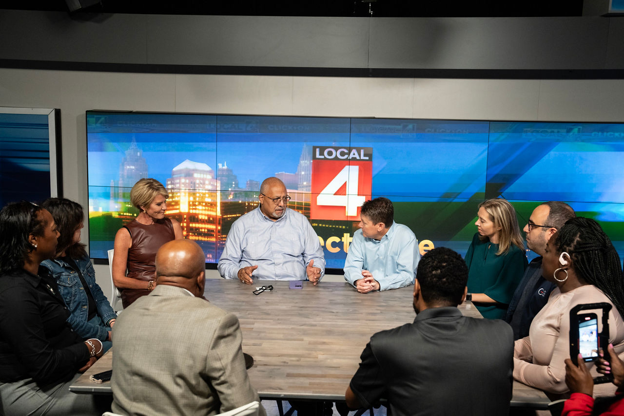 Rev. Horace Sheffield III, Director of Detroit Association of Black Organizations (DABO), meets with local news journalists and news directors at WDIV in Detroit, MI, Sept. 27, 2023.