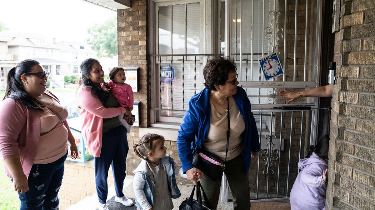 Brilliant Detroit, a non-profit created to help children 0-8 years old prepare of kindergarten, has multiple locations that provide education and activities for children and their families. “Music and Me,” a music class for preschool age children, is a popular program that also provides lunch and community for caregivers. While at the location, caregivers can peruse a free community closet. In their own words: “In 2015 Brilliant Detroit was created to provide a radically new approach to kindergarten readiness in neighborhoods. The idea was to create a unique delivery model in our approach to early childhood development by using underutilized housing stock to create early child and family centers in neighborhoods. Input was gathered and a model that is designed with, for, and by neighbors was built. Brilliant Detroit homes provide holistic services for kids 0-8 predicated on evidence-based programs around health, family support, and education. Brilliant Detroit was born to create kid success neighborhoods. Today, in each location, neighbors come together for fellowship, activities and learning to assure school readiness, and provide needed support for families.” in Detroit, MI, Sept. 28, 2023. (Photo by Samantha Appleton)