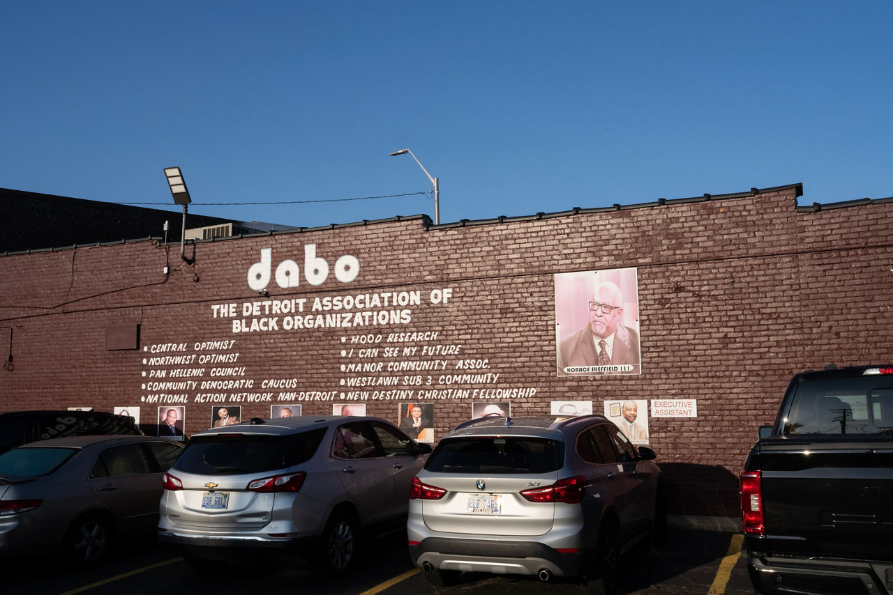 The Detroit Association of Black Organizations (DABO) headquarters and a neighboring mural in Detroit, MI, Sept. 30, 2023.