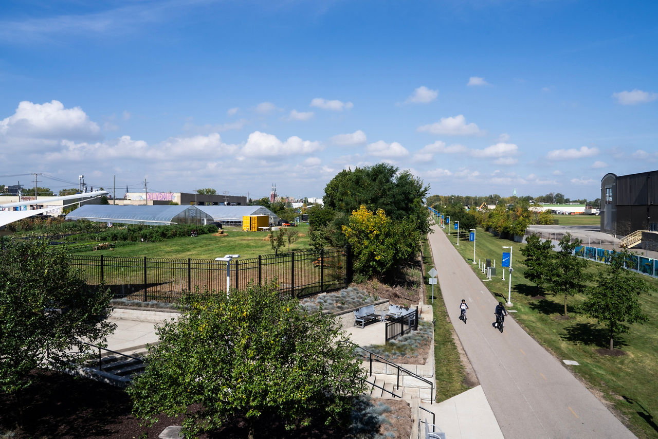 Public spaces, including a bike path near a community garden, in the Eastern Market area of Detroit. The market is a permanent year-round market that provides fresh food and goods in Detroit, MI, Sept. 30, 2023.