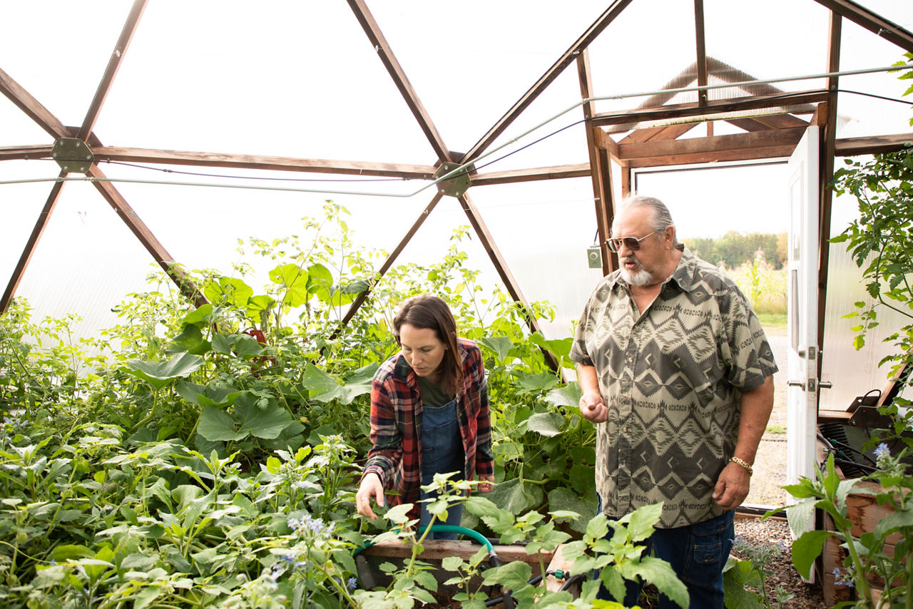 Jeff Savage (right) and Jamie Adams (left) at at Gitigaaning (“The place of the Gardens”). Gitigaaning supports the Fond du Lac Band of Lake Superior Chippewa's Food Sovereignty Efforts and Rebuilding. Jeff, a community elder, is the Director of FDL’s Culture and Language program and Jamie is an Economic Development Planner for FDL.
