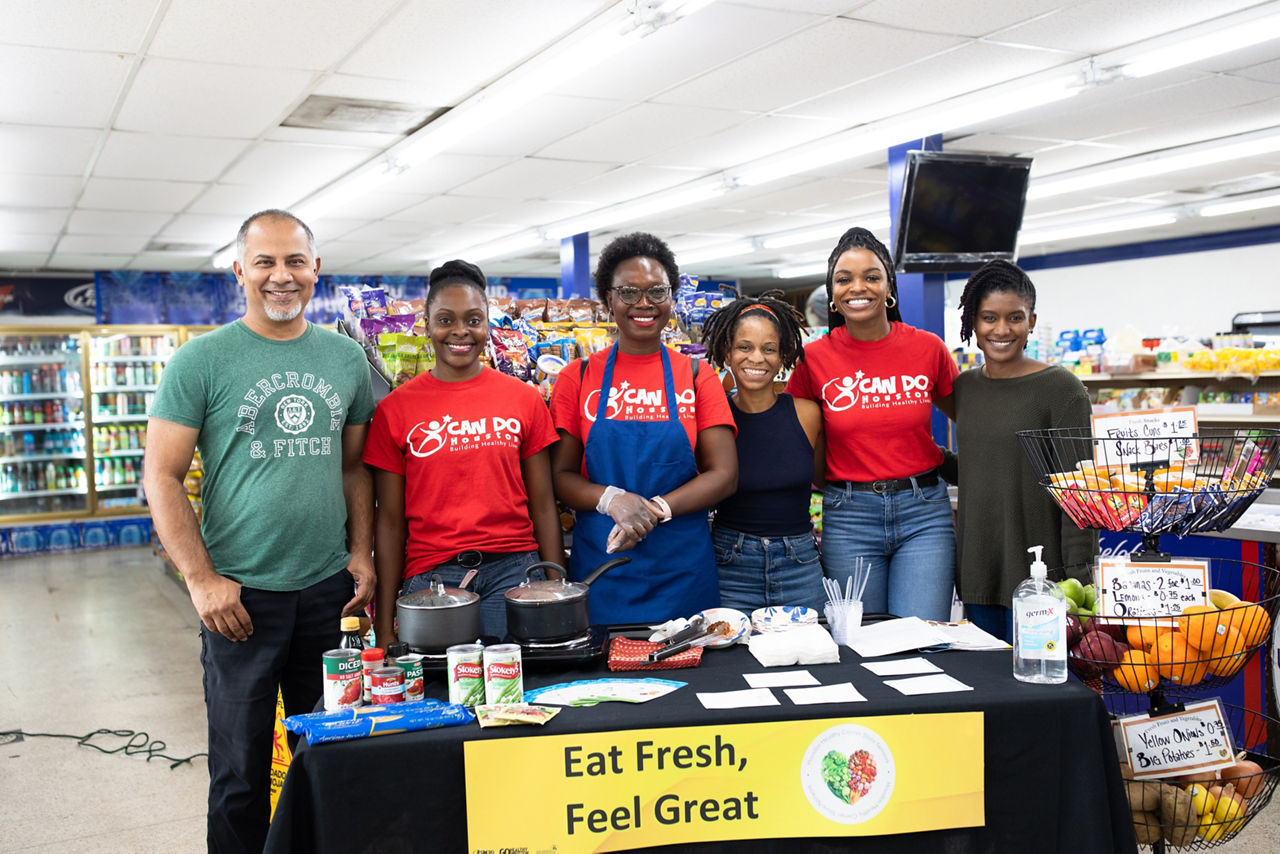 Healthy Corner Stores Initiative, Rose Market, Acres Homes, Houston, TX.  L-R: Babar Malik (shop owner), Jasmine J. Opusunju, Sia Kadie Dauda, Adryn Maldonado, Ghia Johnson, Kristin Bennett.