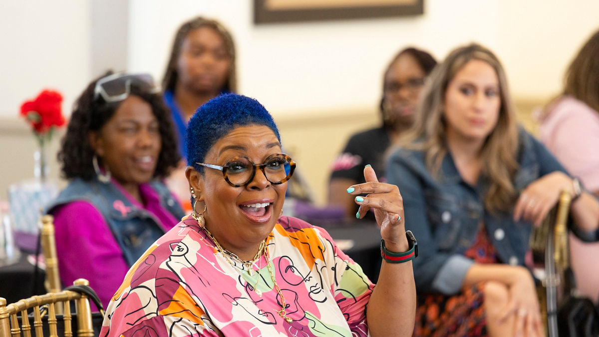 Nakeah Fuller attends the Black Women for Wellness Risque Breast Health and Art Event at Skylinks in Long Beach, California on October 22, 2023. The event facilitates a diaglogue on the intersecting challenges faced by Black women in the realms of health and environmental justice and included a panel discussion with breast cancer survivors and a painting activity with participants' bras.