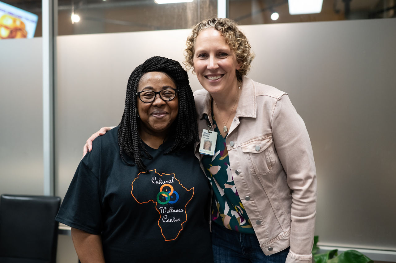 (L-R) Roberta Barnes of the Cultural Wellness Center and Alison Pence from Allina Health pose for a portrait together at the Global Midtown Market in Minneapolis, MN on September 15, 2023.
