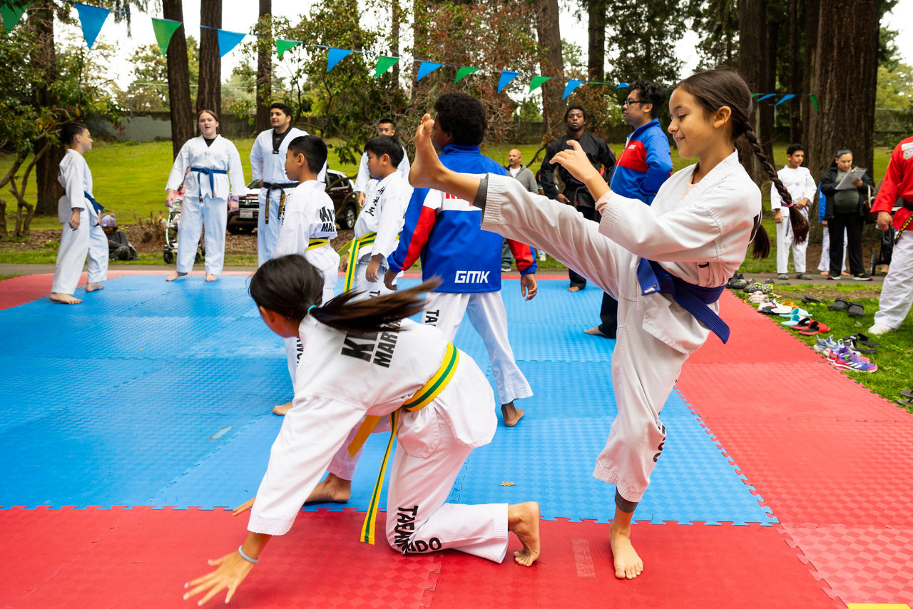 Students of Grandmaster Kwon's Tae Kwon Do Academy do a demonstration at the annual Chuseok Korean Festival at Asia Pacific Cultural Center (APCC) in Tacoma, Washington on September 23, 2023. The family festival celebrates Korean culture through entertainment, art making and food.