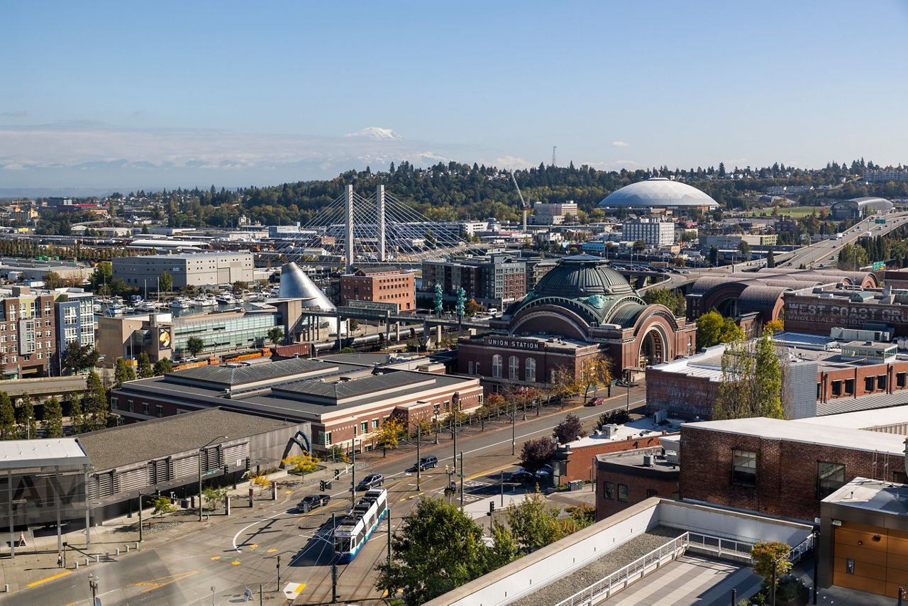 Views of downtown Tacoma, Washington on October 4, 2023 including Union Station, Tacoma Link Light Rail, Tacoma Art Museum (TAM), Museum of Glass, East 21st Street Bridge, the Tacoma Dome and Mount Rainier.