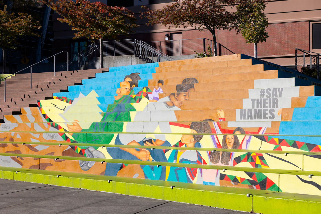 A portion of the Black Lives Matter mural located in Tollefson Plaza in Tacoma, Washington on October 4, 2023. The mural was created by artists Dionne Bonner, Kenya Adams,. Danielle Jordan, Gwen Jones and Chuck Taylor and includes resolution 40622, which was unanimously signed by Tacoma's city council to represent the city's commitment to anti-racism.