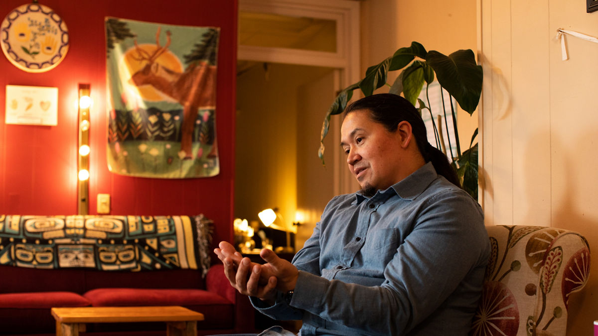 Professor of Alaska Native languages at the University of Alaska Southeast, X̱’unei Lance Twitchell at the Haa Tóoch Lichéesh Coalition offices in downtown Juneau, Alaska.