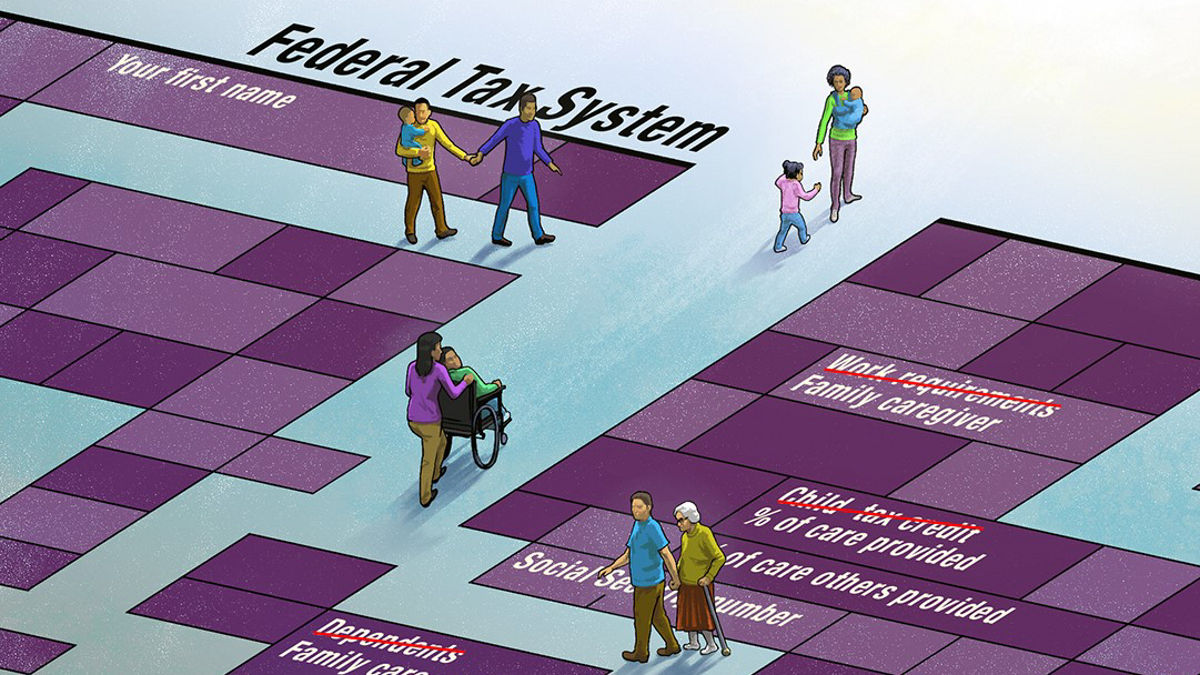 Several diverse families emerge from a convoluted maze and approach a simplified tax system of the future.