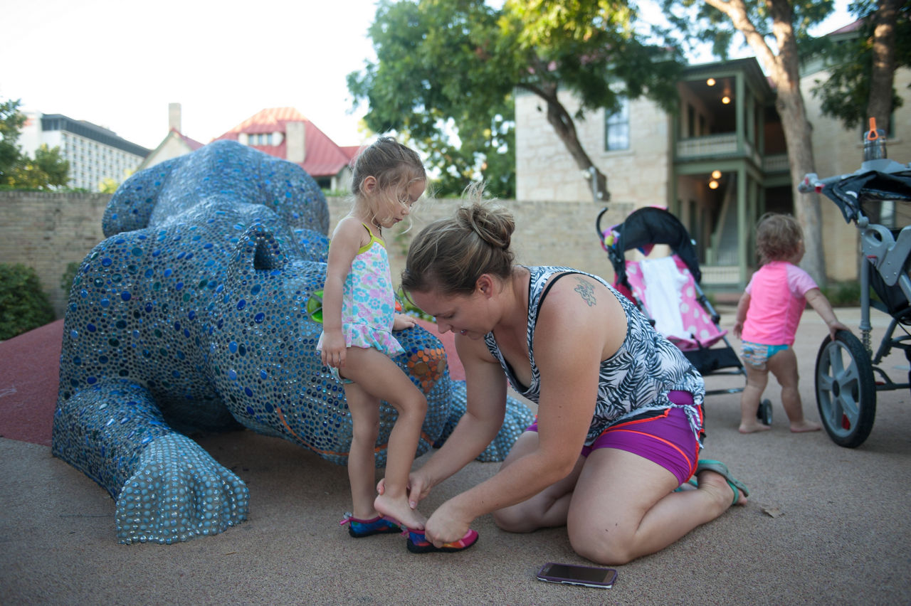 Kids and family on the playground at Yanaguana Park, the newly renovated section of the Hemisfair. San Antonio, TX