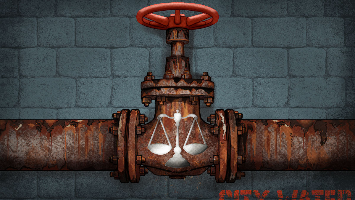 Rusty water pipes and justice scales.