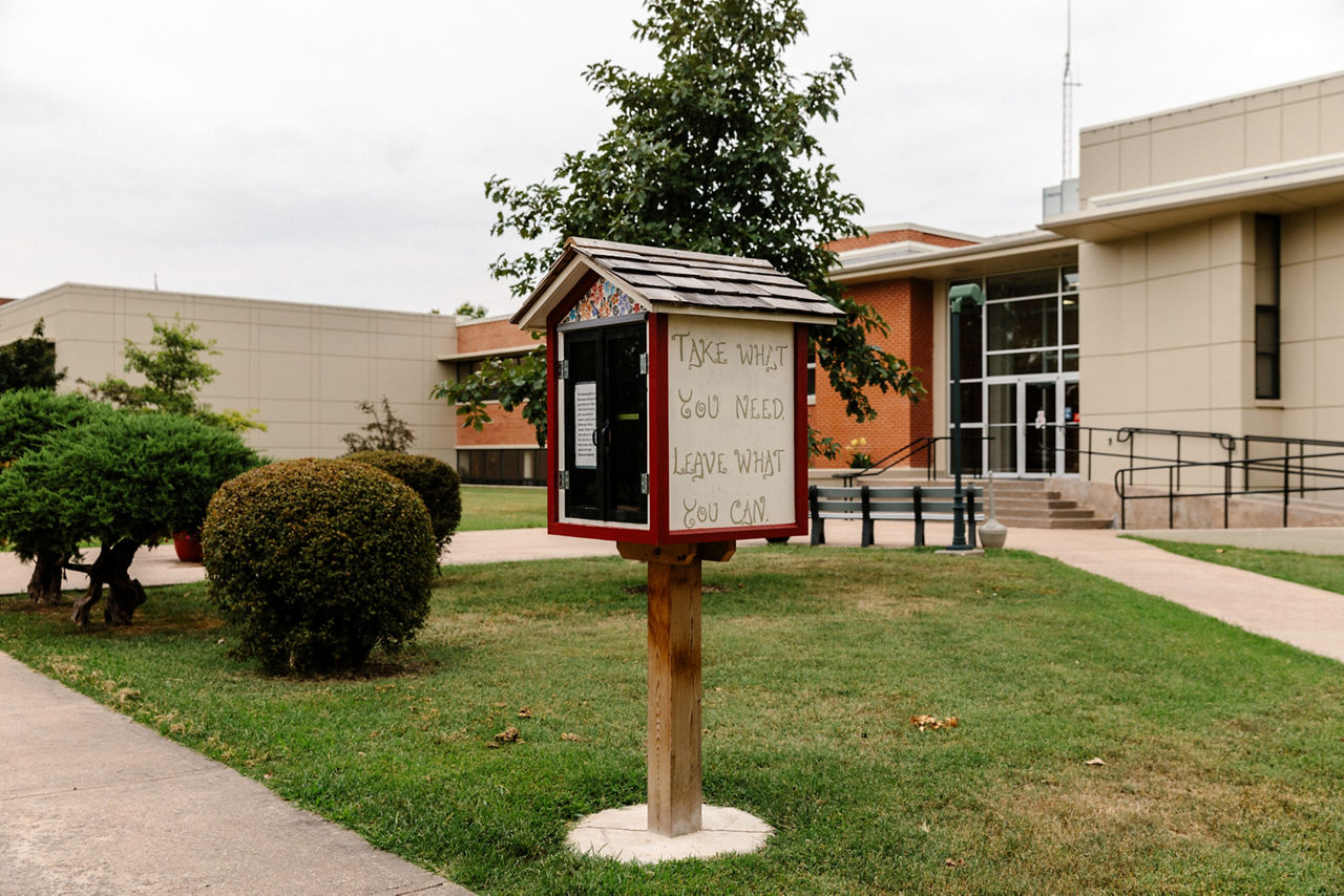 Iola, KS - August 1, 2017 - The Humanity House "Blessing Box", located in the middle of the town square, reads "Take what you need. Leave what you can."