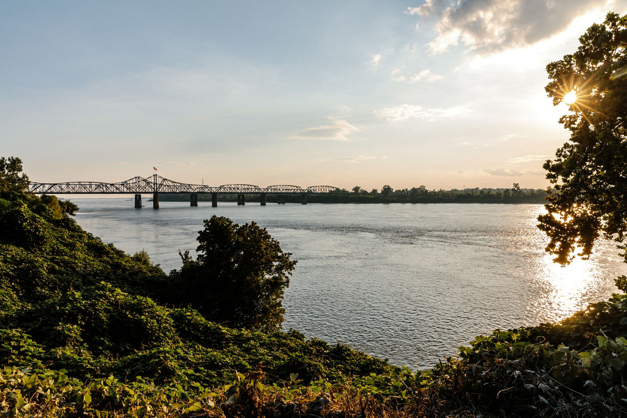 Vicksburg, MS - Aug 3, 2017 - Sunset over the Mississippi River near the South end of town.
