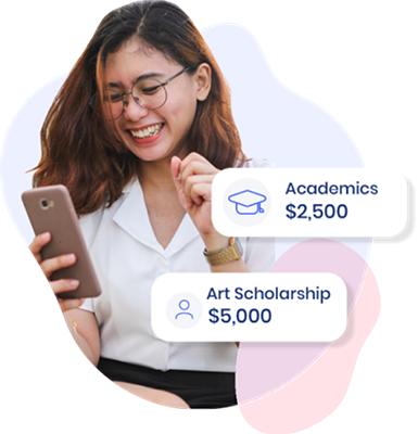 Scholarships on phone and student looking happy with smartphone