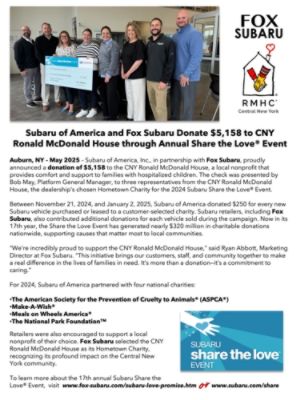Fox Subaru and Subaru of America Donate $5158.00 to help the CNY Ronald McDonald House!