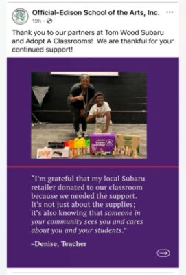 Tom Wood Subaru Supports Edison School of the Arts Through Subaru Loves Education