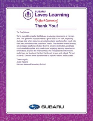 Fox Subaru Adopts Classrooms!