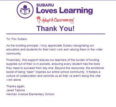 Fox Subaru Donates Classroom Supply Funding for Students at Herman Avenue Elementary School !!
