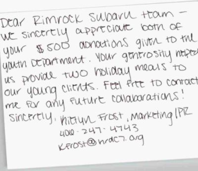 Rimrock Subaru Gives Back to the Harmony House at HRDC