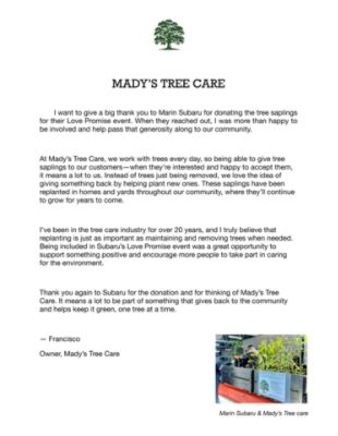 Marin Subaru donates saplings to Mady's Tree Care