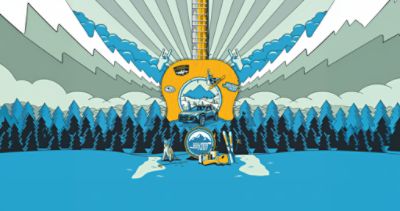 Subaru WinterFest graphic with trees, luggage, dog, snowboarder and guitar in front of mountain landscape