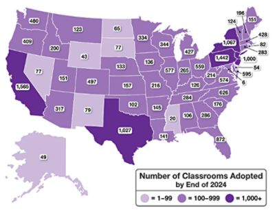 United States map with states showing number of classrooms adopted by AdoptAClassroom.org through 2024