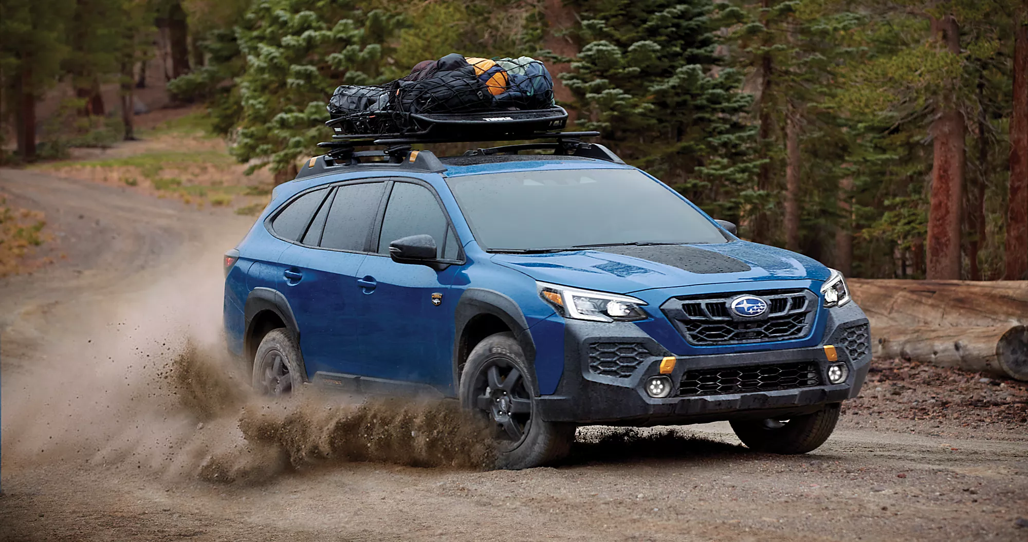  Cosmic Blue Pearl Wilderness outback edition off roading aggressively on a dirt road