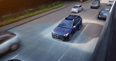View of two passengers in a 2025 Subaru SUV looking down through the panoramic moonroof