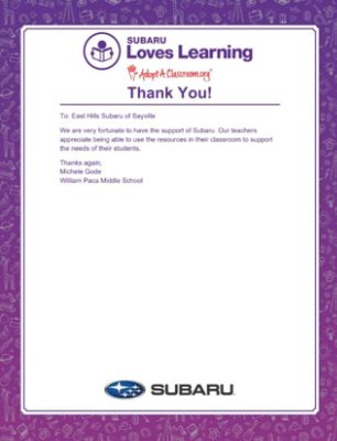 East Hills Subaru Fuels Learning at William Paca Middle School