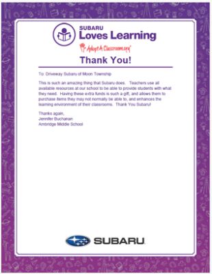 Subaru Loves Learning/ Driveway Subaru 