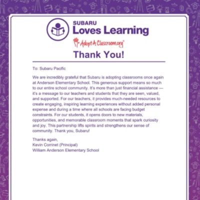 Subaru Loves Learning with William Anderson Elementary