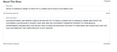 DROVE TO RANGELEY MAINE TO DROP OFF A LOANER CAR & PICKUP CUSTOMER'S CAR