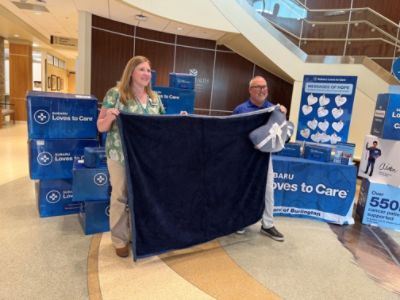 Flow Subaru Burlington and Blood Cancer United blanket delivery for Subaru Loves to Care program