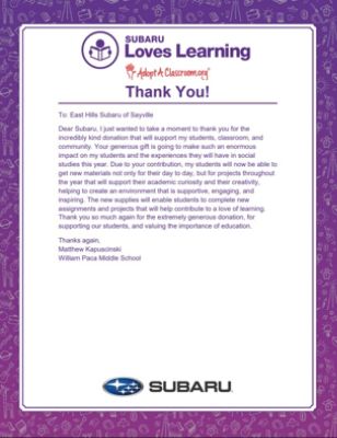 East Hills Subaru Fuels Learning at William Paca Middle School