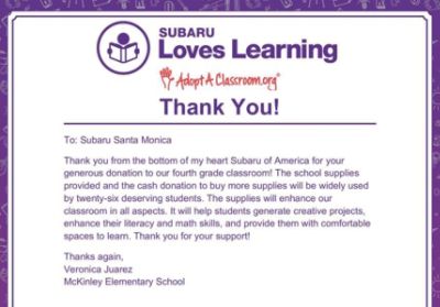 McKinley Elementary Thanks Subaru Santa Monica