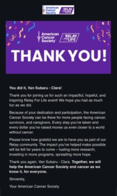 Van Subaru Supports Relay for Life 