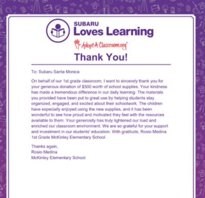 Subaru Loves Learning with McKinley Elementary