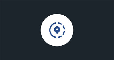 A blue icon of a GPS pin surrounded by a circle, one hemisphere with solid lines, the other with dotted lines.