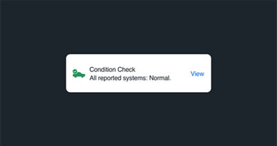 A MySubaru app notification with ‘Condition Check, All reported systems: Normal’ alert text and a green vehicle icon.