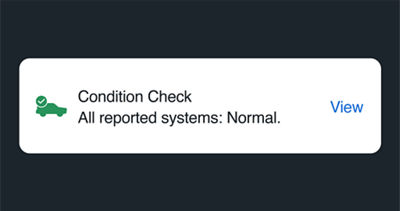 A MySubaru app notification with ‘Condition Check, All reported systems: Normal’ alert text and a green vehicle icon.